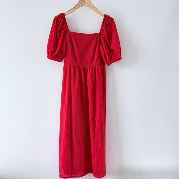 H&M Red Linen Blend Puff Sleeve Midi Dress XS Cottagecore Summer - Picture 3 of 13